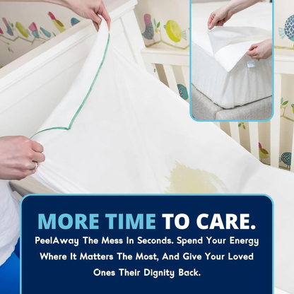 A person peels Peelaways Multi-Layer Disposable & Waterproof Fitted Sheets with a yellow stain off a child’s mattress. Inset: close-up of the sheet removal. Text reads: MORE TIME TO CARE. PeelAway The Mess In Seconds...