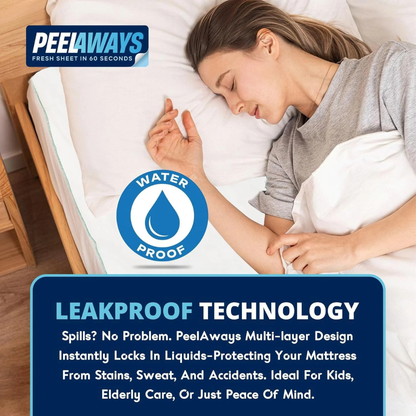 A woman sleeps on a bed with Peelaways Multi-Layer Disposable & Waterproof Fitted Sheets, featuring leakproof technology that locks in liquids to protect mattresses from stains—perfect for kids, elderly care, or peace of mind.