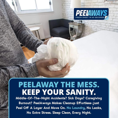 A person places a Peelaways Multi-Layer Disposable & Waterproof Fitted Sheet on a bed—no laundry, no leaks, just easy, sanitary cleanup for caregivers and overnight accidents.