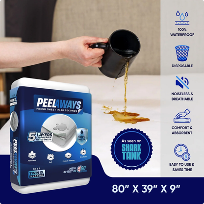 A hand spills coffee on a mattress with Peelaways Multi-Layer Disposable & Waterproof Fitted Sheets (80x39x9). The package is below, with icons for waterproof, breathable, absorbent, 5 layers, and Shark Tank endorsement.