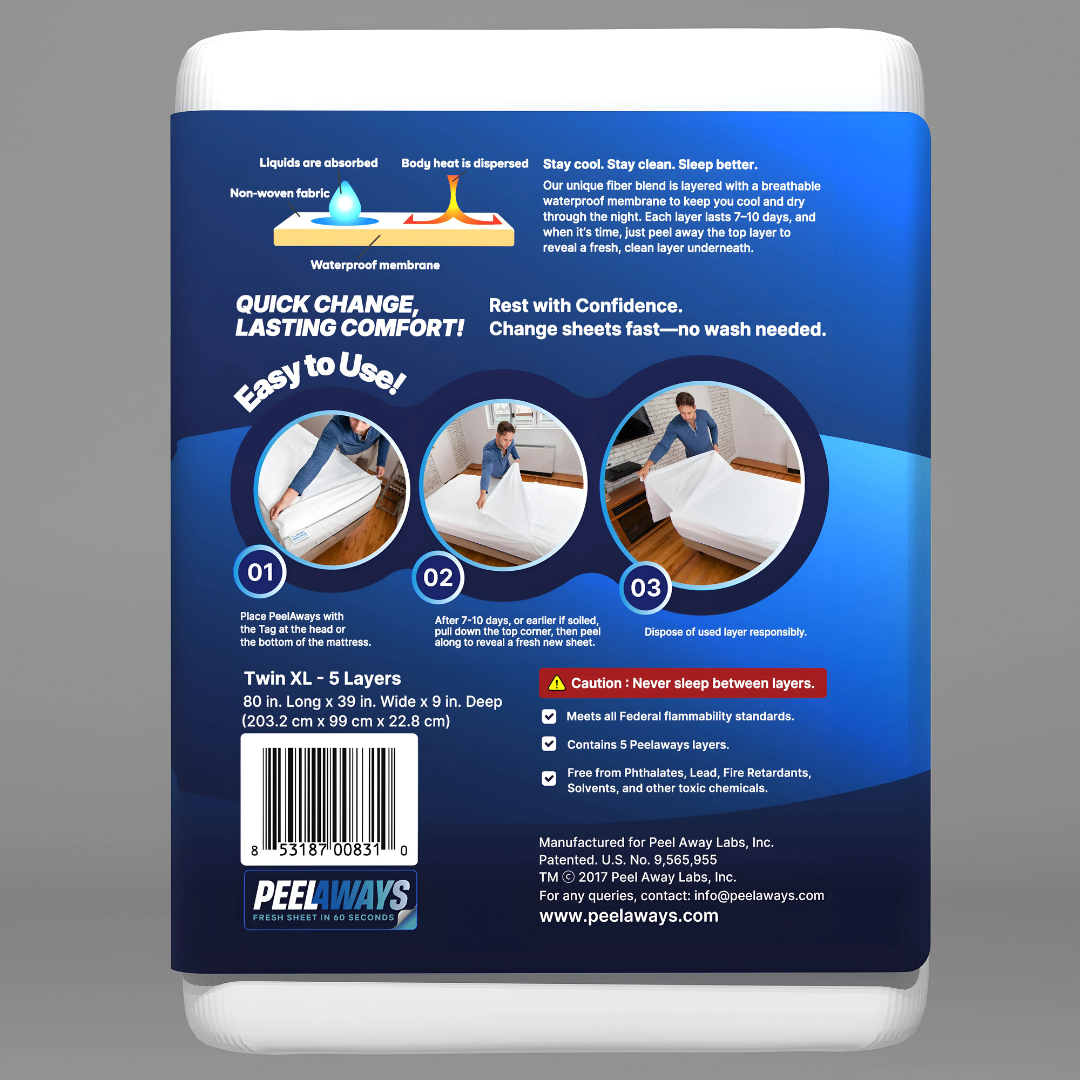Back packaging of Peelaways Multi-Layer Disposable & Waterproof Fitted Sheets displays easy sheet changing with multi-layer, disposable design, step-by-step photo instructions, product dimensions, and company info on a blue background with icons.