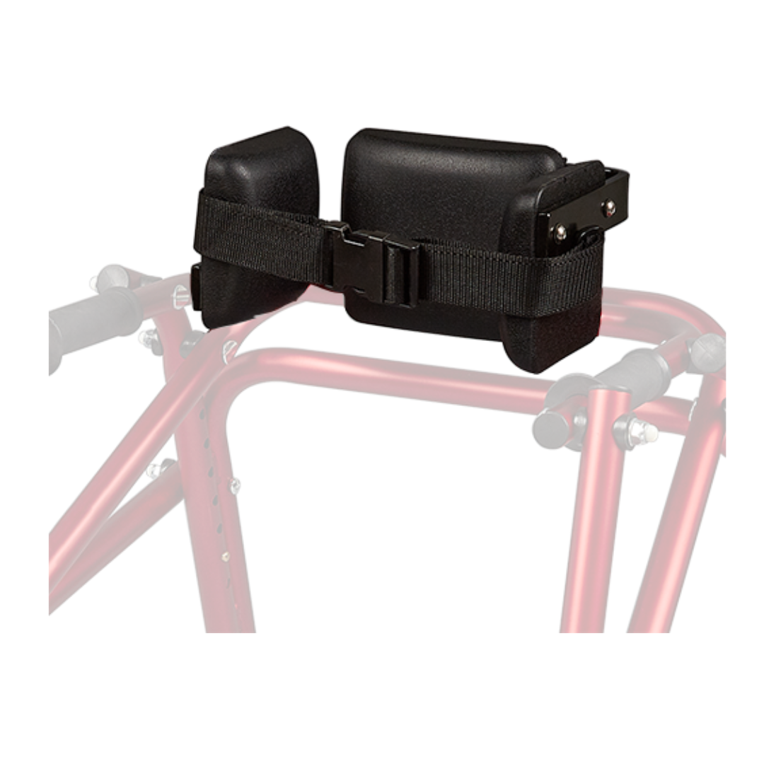 A Pelvic Stabilizer for Klip Pediatric Walker Rollators with a black padded headrest and adjustable strap is attached to the top of a red mobility aid frame, set against a white background.