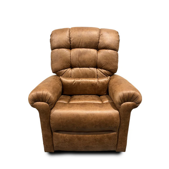 The Journey Perfect Sleep Recliner & Lift Chair with Heat is a plush, brown leather chair featuring padded arms, a tufted backrest, and a powered recliner. It offers therapeutic heat and massage and sits elegantly against a plain white backdrop.