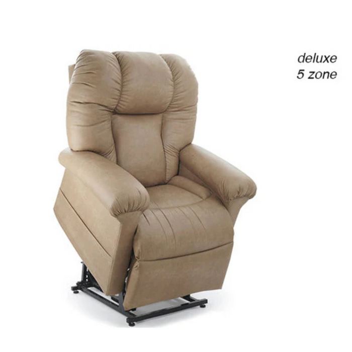 The Journey Perfect Sleep Recliner & Lift Chair with Heat offers plush padding, armrests, and a powered recline on a metal base. It integrates therapeutic heat, massage, and has deluxe 5 zone text in the top right corner, showcasing its Perfect Sleep Chair capabilities.