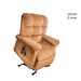 A brown Journey Perfect Sleep Recliner & Lift Chair with plush cushioning and armrests is shown. It features a side-attached remote, indicating a lift mechanism and therapeutic heat. Deluxe 2 zone is displayed in the upper right corner.