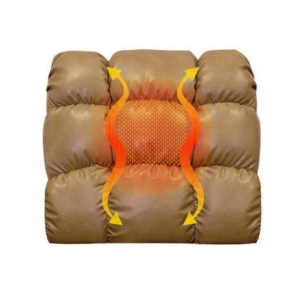 This image showcases the Journey Perfect Sleep Reclining Lift Chair with Heat, featuring a cushioned quilted brown design. The central orange area has wavy yellow arrows, symbolizing therapeutic warmth and massage for optimal comfort and heat distribution.