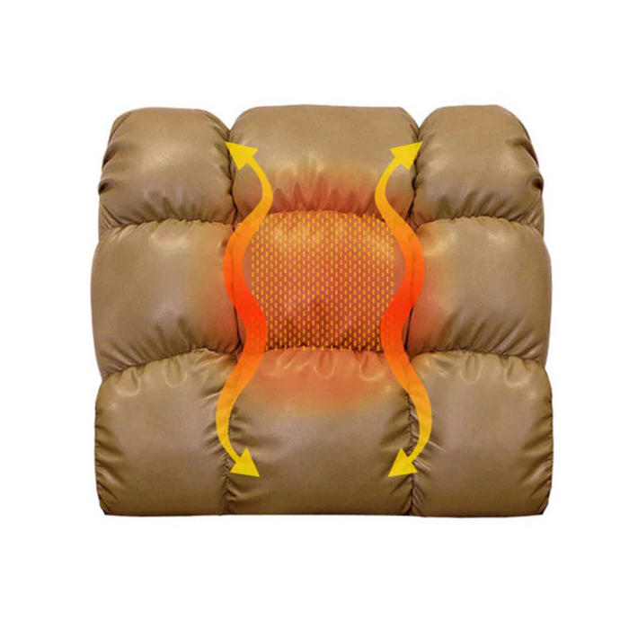 The Journey Perfect Sleep Recliner & Lift Chair in brown has a cushioned seat with therapeutic heat and massage, illustrated by orange heat waves and arrows for optimal distribution. Its quilted pattern boosts comfort, and the powered recliner mechanism offers added convenience.