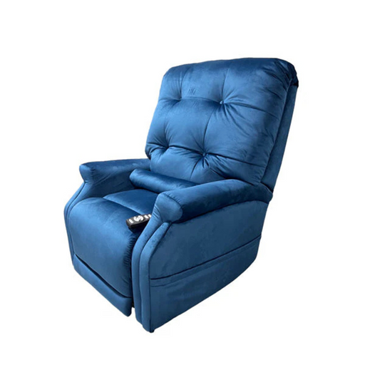 Relax with the Journey Perfect Sleep Recliner & Lift Chair. This blue chair features a tufted backrest, cushioned arms, powered recline, and therapeutic heat and massage. Control it all via a remote stored in the side pocket.