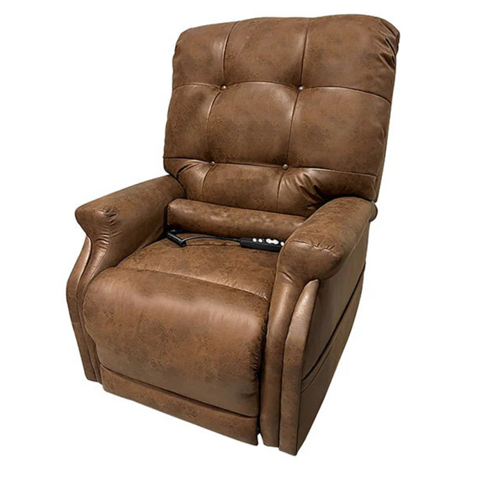 The Journey Perfect Sleep Recliner & Lift Chair with Heat is a brown leather chair featuring a plush, padded design. It comes with a remote control on the armrest, cushioned backrest and armrests, and has a textured finish for added style.