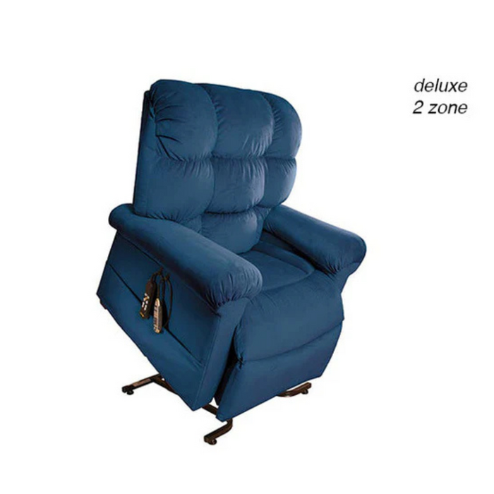 The Journey Perfect Sleep Recliner & Lift Chair with Heat, in blue, offers plush cushioning and padded armrests. A side control panel allows easy adjustment. With deluxe 2 zone on top, it delivers therapeutic heat and massage for ultimate relaxation.