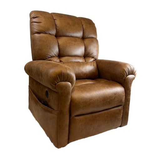 The Journey Perfect Sleep Reclining Lift Chair with Heat, a plush brown leather chair with padded armrests and a tufted backrest, offers ultimate comfort with therapeutic heat and massage features, shown against a white background.