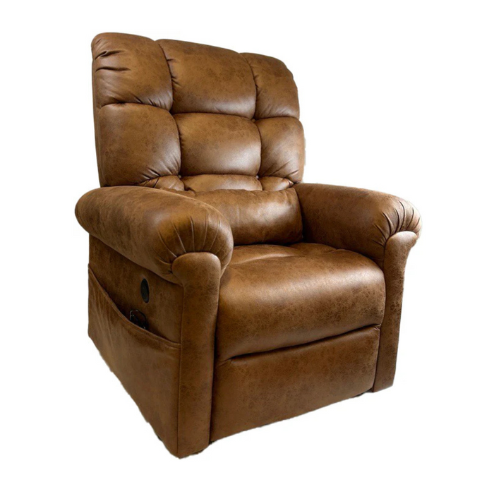 The Journey Perfect Sleep Recliner & Lift Chair features a brown, leather-like finish with plush upholstery, an armrest pocket on the right, and a high back with button tufting. It offers therapeutic heat and massage for ultimate comfort.