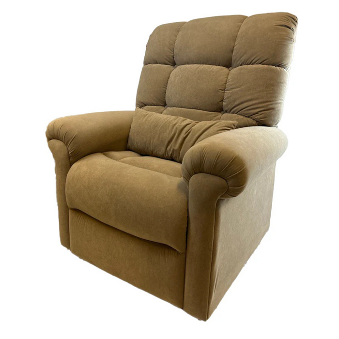 The Journey Perfect Sleep Recliner & Lift Chair combines a plush design with a high back and cushioned armrests. Featuring soft brown upholstery for comfort, it offers optional therapeutic heat and a wide seat, making it an ideal relaxation spot.