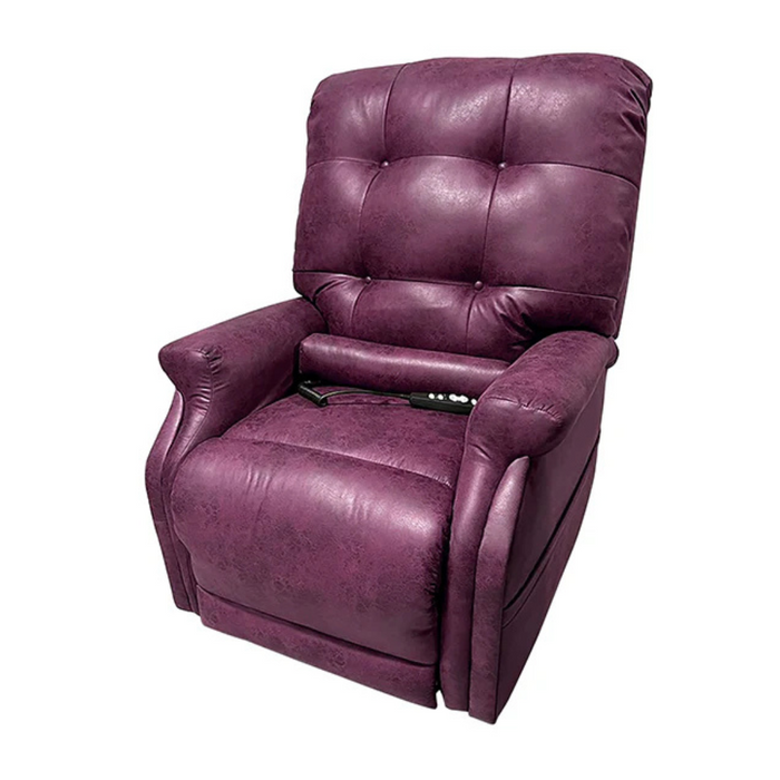 A purple Journey Perfect Sleep Recliner & Lift Chair with padded armrests and a tufted backrest. It features a powered recliner mechanism with a side control panel, providing therapeutic heat and massage for ultimate relaxation.