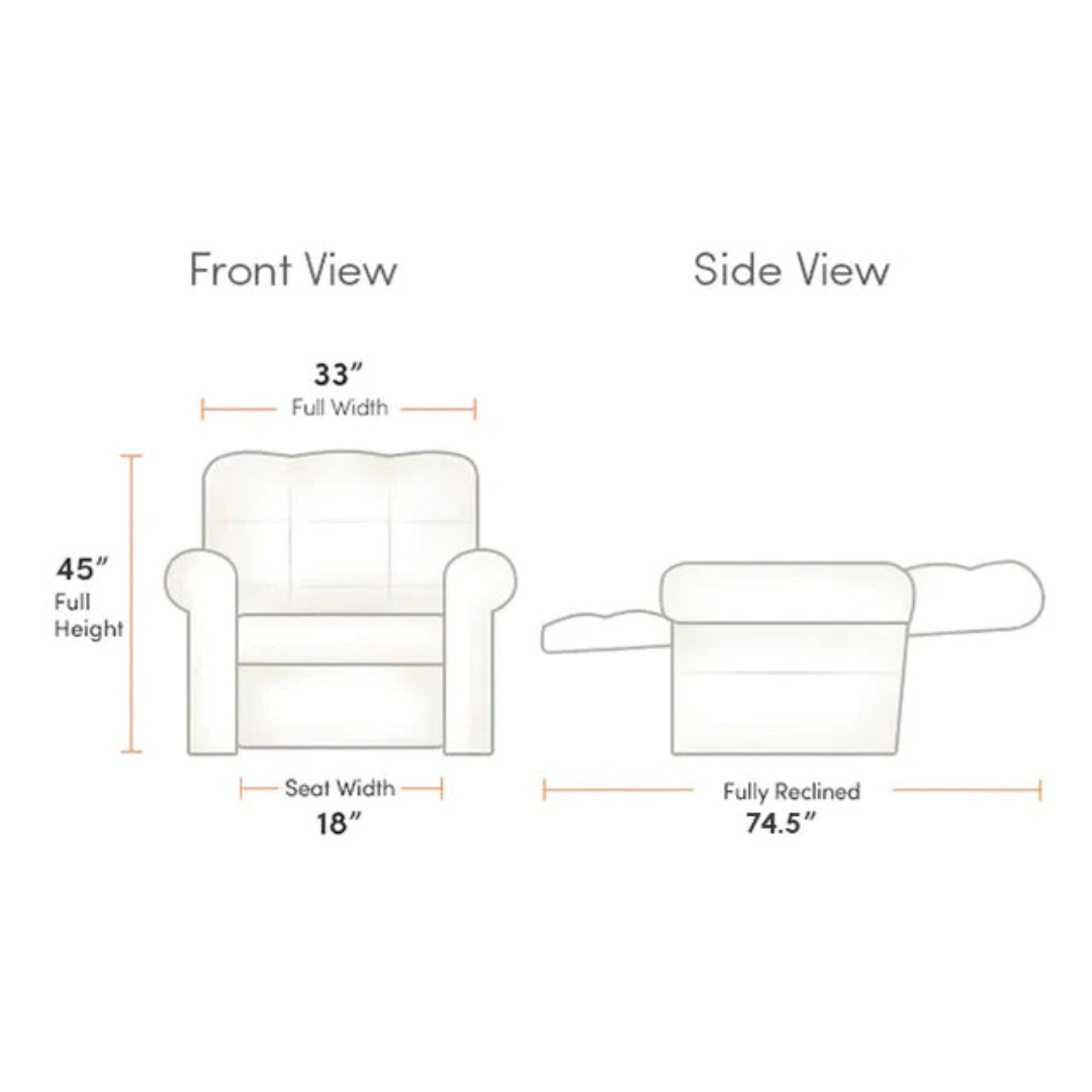 Diagram of the Journey Perfect Sleep Reclining Lift Chair with Heat shows front view at 33 full width, 18 seat width, and side view fully reclined to 74.5 at a height of 45, providing therapeutic heat and massage for ultimate comfort.