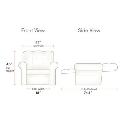 Diagram of the Journey Perfect Sleep Reclining Lift Chair with Heat shows front view at 33 full width, 18 seat width, and side view fully reclined to 74.5 at a height of 45, providing therapeutic heat and massage for ultimate comfort.