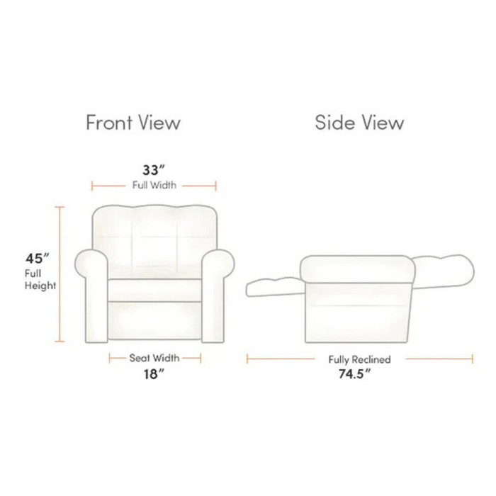 Diagram of the Journey Perfect Sleep Recliner & Lift Chair with Heat showing front and side views. The chairs front is 33 inches wide, has an 18-inch seat width, and the side view features its powered recliner mechanism extending to 74.5 inches with a full height of 45 inches for ultimate comfort.