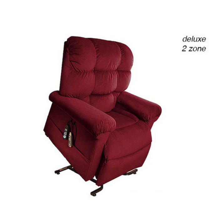 The Journey Perfect Sleep Recliner & Lift Chair, featuring plush tufted upholstery in red, provides therapeutic heat and comes with a side-attached remote control for adjustable comfort settings.