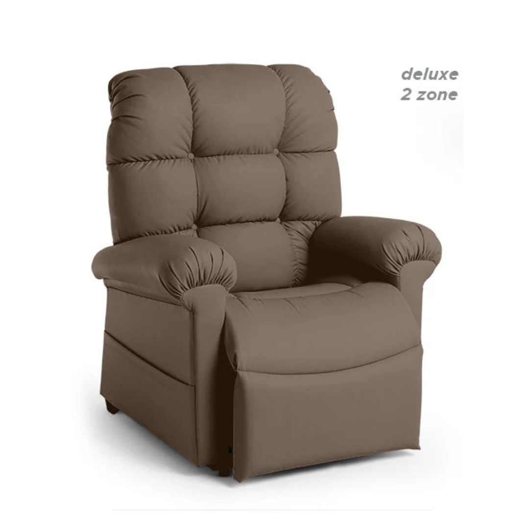 The Journey Perfect Sleep Reclining Lift Chair with Heat is a brown upholstered recliner with plush padding on the backrest, seat, and armrests. It boasts therapeutic heat and massage functions for ultimate comfort and features a deluxe two-zone reclining feature.