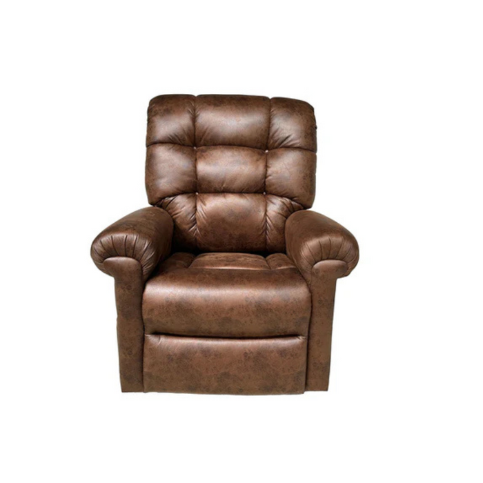 The Journey Perfect Sleep Recliner & Lift Chair with Heat features brown leather, cushioned arms and backrest, tufted stitching, and a footrest. Its set against a white background for an elegant touch.