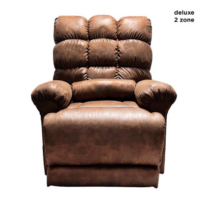 The Journey Perfect Sleep Reclining Lift Chair features a cushioned backrest and armrests with therapeutic heat and massage for ultimate comfort. It has a distressed brown leather look that adds charm, with deluxe 2 zone text in the top right corner.