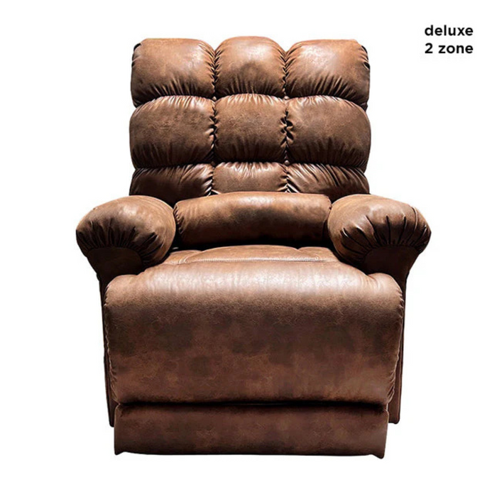 The Journey Perfect Sleep Recliner & Lift Chair with Heat is a plush, brown leather chair featuring visible stitching, cushioned armrests, and a tufted grid pattern back. It offers powered reclining with therapeutic heat and massage for ultimate comfort.