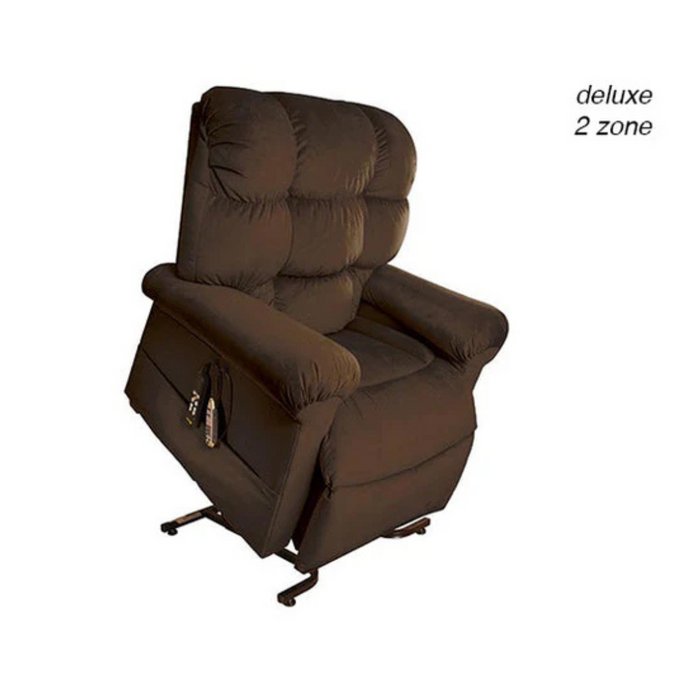 The Journey Perfect Sleep Recliner & Lift Chair with Heat is a dark brown powered recliner featuring a lifting mechanism and therapeutic heat. It has a remote-controlled two-zone adjustable design, with deluxe 2 zone text enhancing its luxurious appeal.