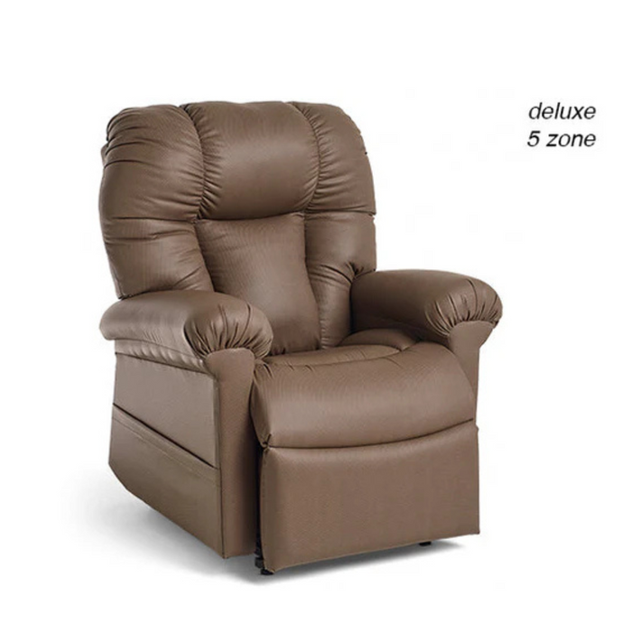 The Journey Perfect Sleep Recliner & Lift Chair with Heat is a brown, plush design featuring cushioned padded armrests, a high back, and a powered recline mechanism with deluxe 5-zone heating and massage for optimal relaxation.