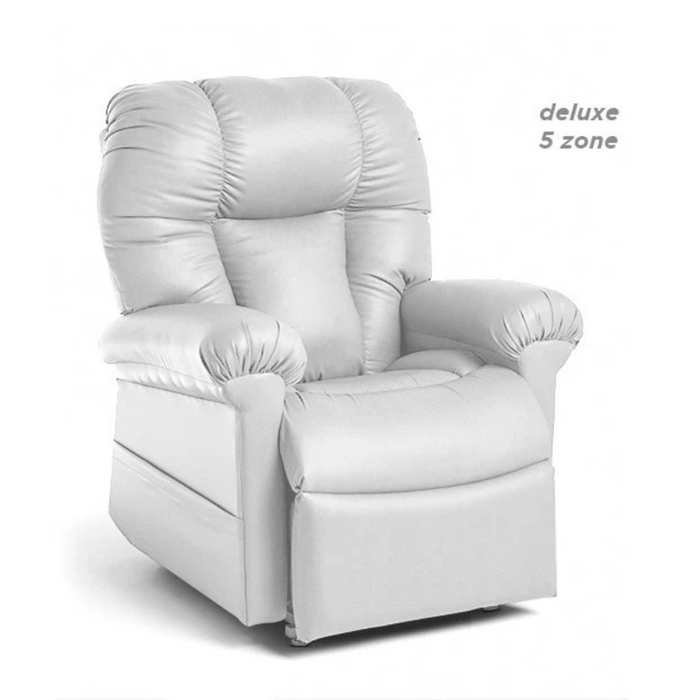 The Journey Perfect Sleep Recliner & Lift Chair boasts unmatched comfort with its plush white design, padded backrest, armrests, seat, powered recline mechanism, and therapeutic heat and massage features.