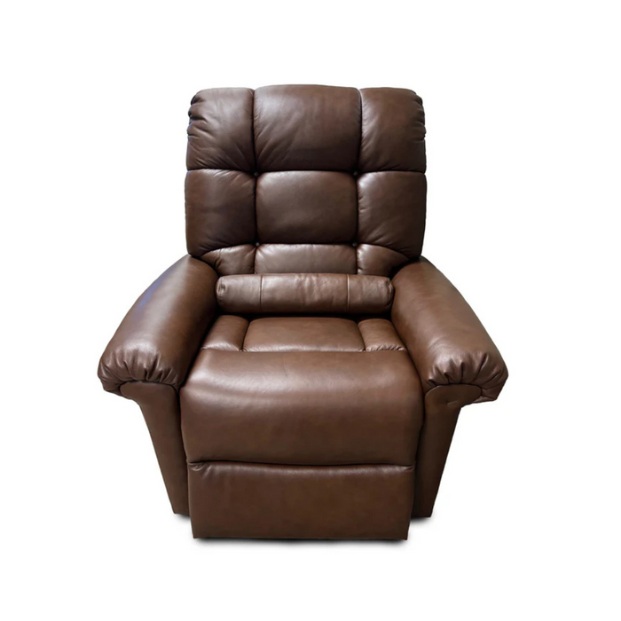 The Journey Perfect Sleep Recliner & Lift Chair with Heat offers ultimate relaxation, featuring plush brown leather upholstery, a matching headrest, powered recliner mechanism, wide armrests, and a padded seat for comfort and convenience.