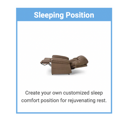 Image of a brown recliner chair in a sleeping position with an extended footrest. A blue header reads Sleeping Position, and below, it says, The Journey Perfect Sleep Reclining Lift Chair with Heat offers ultimate comfort for rejuvenating rest with customizable sleep positions.