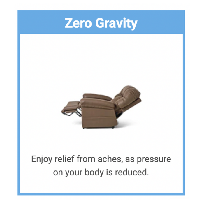 Image of the Journey Perfect Sleep Recliner & Lift Chair with Heat in brown, shown in a zero gravity position on a white background. The text reads Zero Gravity above and Enjoy relief from aches with therapeutic heat, as pressure on your body is reduced below.