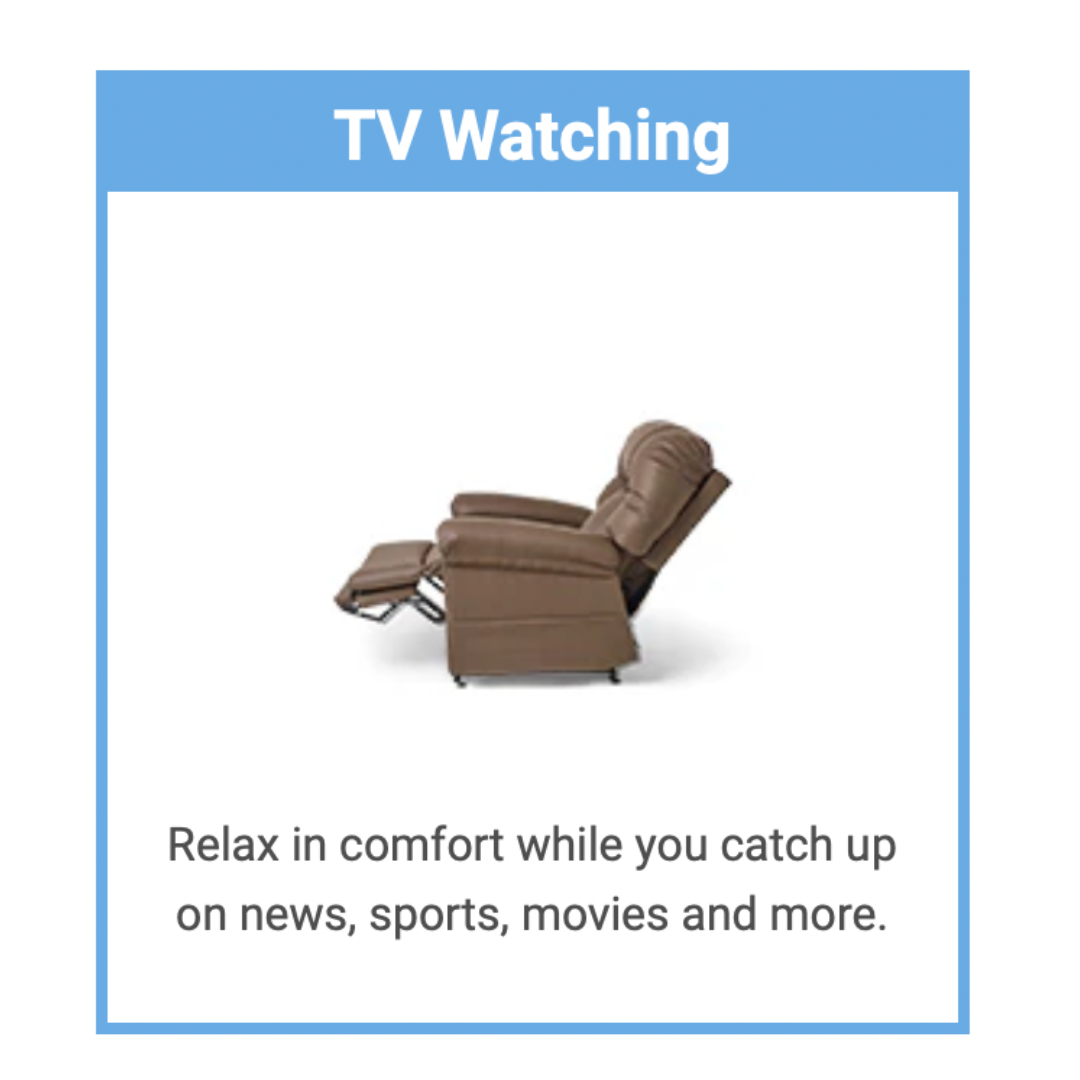 A brown recliner is slightly reclined on a white background, beneath the blue heading TV Watching. The text reads: Relax in comfort with the therapeutic heat and massage of the Journey Perfect Sleep Reclining Lift Chair while you enjoy news, sports, movies, and more.