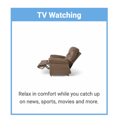 A brown recliner is slightly reclined on a white background, beneath the blue heading TV Watching. The text reads: Relax in comfort with the therapeutic heat and massage of the Journey Perfect Sleep Reclining Lift Chair while you enjoy news, sports, movies, and more.