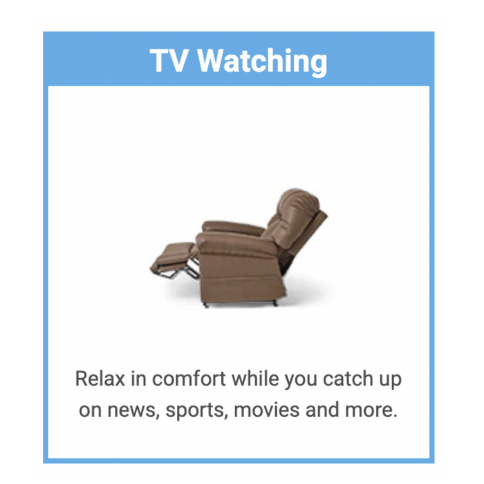 Image of a brown Journey Perfect Sleep Recliner & Lift Chair with Heat, featuring an extended footrest on a white background. The label reads Perfect Sleep Chair, with text below saying, Relax in comfort with therapeutic heat while you catch up on news, sports, movies, and more.