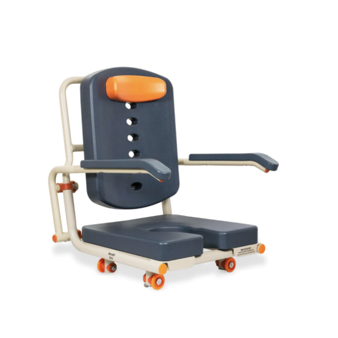 The ShowerBuddy Petite Buddy P1 Child & Small User Kit is a padded, dark gray and orange commode chair with armrests, high backrest, and wheels for mobility. Designed for accessible bathing/toileting. Can be used with the Child Conversion Kit for enhanced versatility.