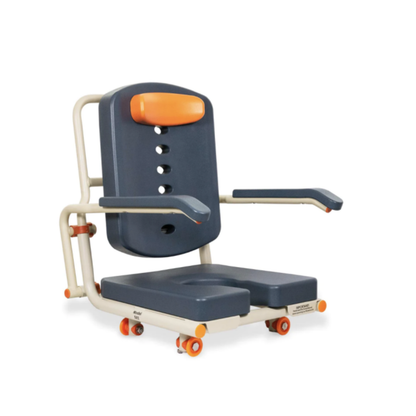 The ShowerBuddy Petite Buddy P1 Child & Small User Kit is a padded, dark gray and orange commode chair with armrests, high backrest, and wheels for mobility. Designed for accessible bathing/toileting. Can be used with the Child Conversion Kit for enhanced versatility.