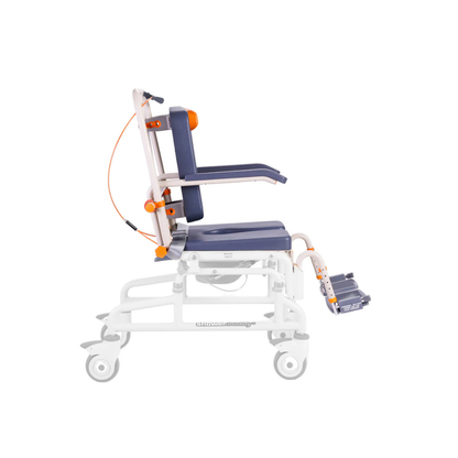 A side view of the ShowerBuddy Petite Buddy P1 Child & Small User Kit in blue and white, featuring orange adjustment knobs, visible seat, armrests, footrest, and wheels, set against a white background.