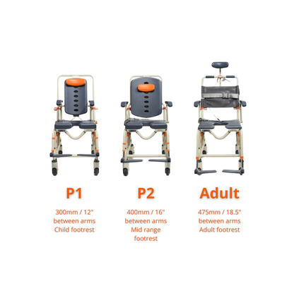 ShowerBuddy offers mobility chairs with varying arm widths: Petite Buddy P1 Child & Small User Kit (300mm/12"), P2 (400mm/16"), and Adult (475mm/18.5"). A Child Conversion Kit is also available for added flexibility.