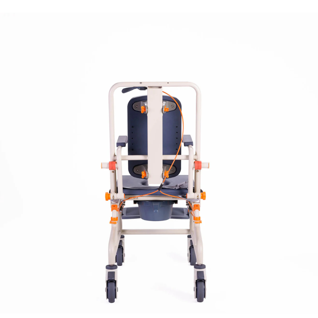 The ShowerBuddy Petite Buddy P1 Child & Small User Kit is a mobile shower chair with a blue seat and backrest, orange adjustment knobs, safety belt, armrests, footrests, and commode opening for accessible, hygienic care.