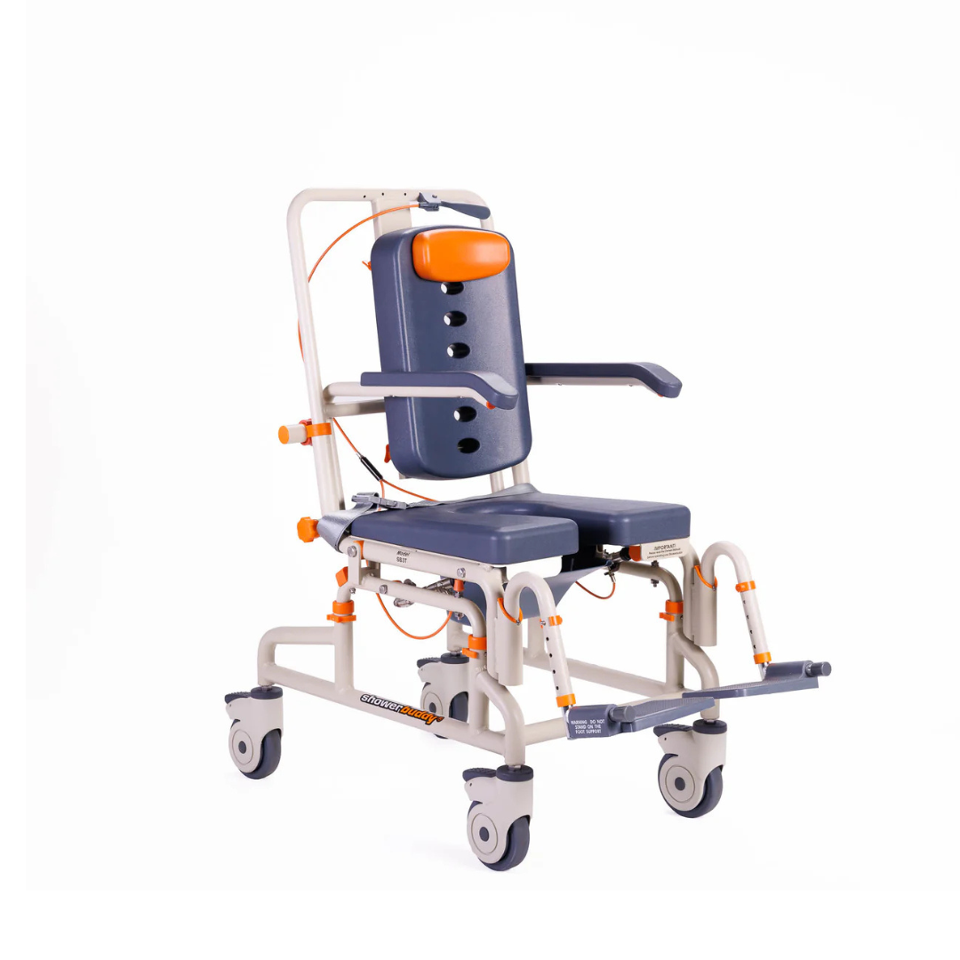 The ShowerBuddy Petite Buddy P1 Child & Small User Kit, featuring a padded blue seat and backrest with orange accents, armrests, adjustable footrests, and four wheels for mobility, is shown against a white background.
