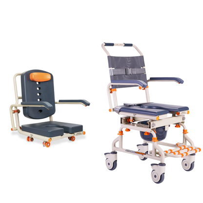 The ShowerBuddy Petite Buddy P1 Child & Small User Kit includes two wheeled, adjustable shower or commode chairs in gray with orange accents—one low and compact, the other taller with footrests and safety belts—for mobility and hygiene care.