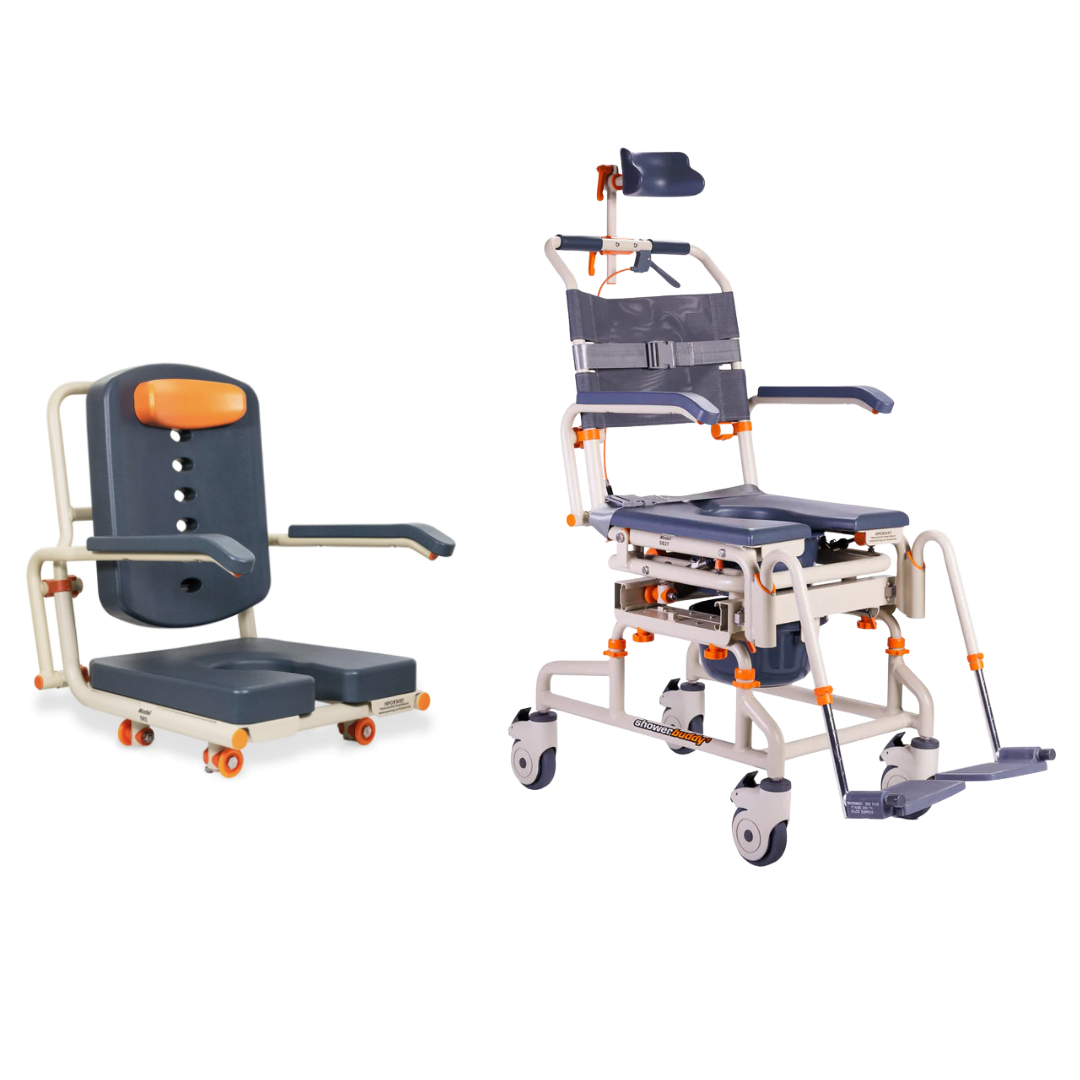 Two adjustable shower chairs with wheels and armrests for accessibility: on the left is the ShowerBuddy Petite Buddy P1 Child & Small User Kit, on the right is a ShowerBuddy model with footrests, head support, and a Child Conversion Kit.