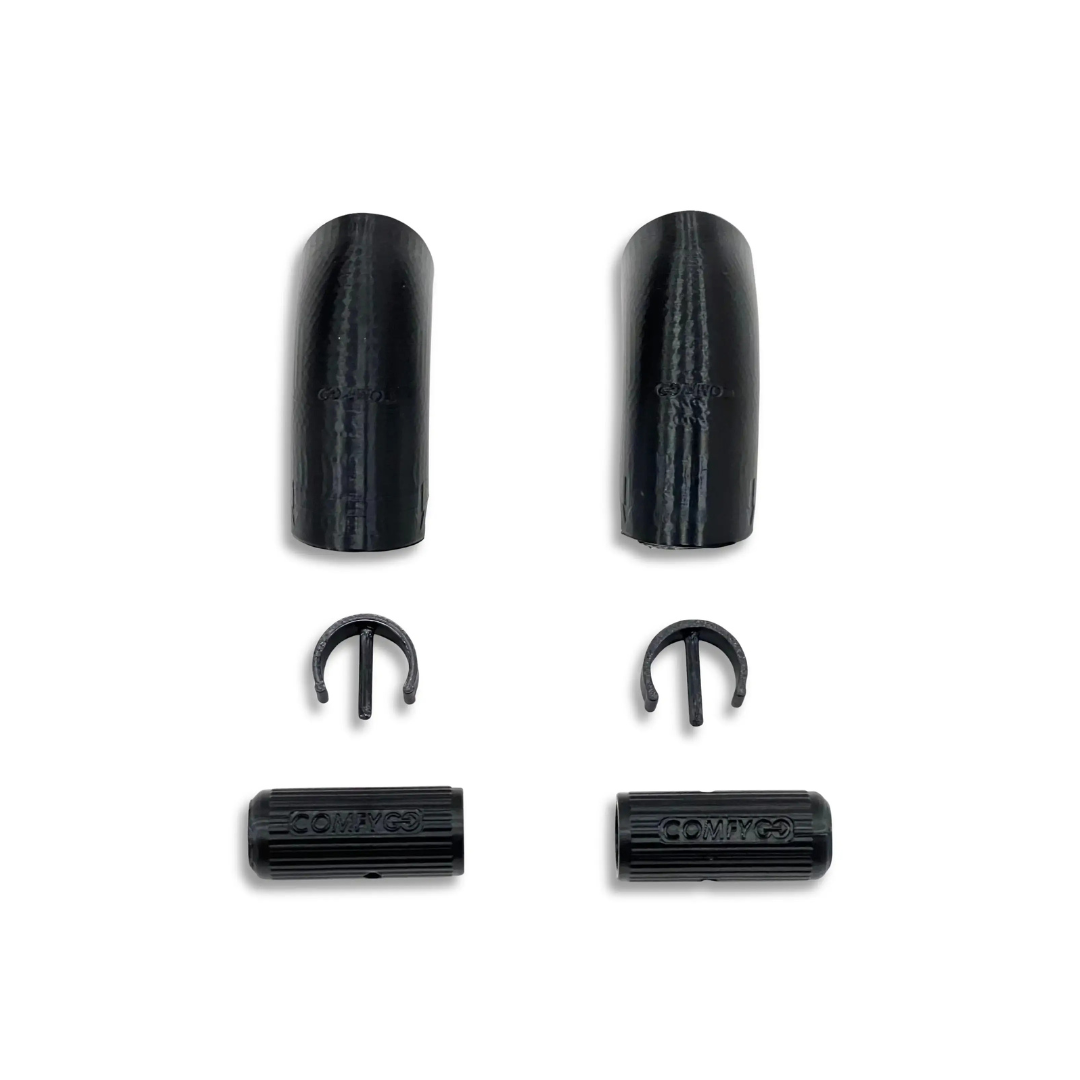 Two sets of black plastic parts for the ComfyGo Phoenix Electric Wheelchair Travel Bag & Protector Set are displayed on a white background. Each set includes a curved cover, a semicircular clip, and a cylindrical joystick protector.