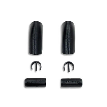 Two sets of black plastic parts for the ComfyGo Phoenix Electric Wheelchair Travel Bag & Protector Set are displayed on a white background. Each set includes a curved cover, a semicircular clip, and a cylindrical joystick protector.