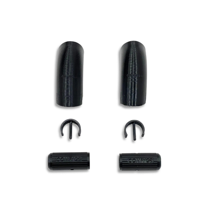 Two sets of black plastic parts for the ComfyGo Phoenix Electric Wheelchair Travel Bag & Protector Set are displayed on a white background. Each set includes a curved cover, a semicircular clip, and a cylindrical joystick protector.