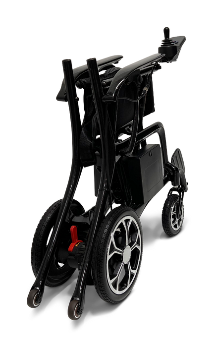 The ComfyGo Phoenix Carbon Fiber Electric Wheelchair showcases a sleek and modern design with carbon fiber build, black frames, silver rims on the wheels, and a compact foldable structure for easy transport.