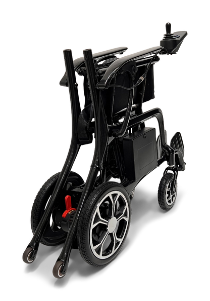 The ComfyGo Phoenix Carbon Fiber Electric Wheelchair is sleek and foldable, with large rear wheels, smaller front ones, a user-friendly control panel on the right armrest, and a sturdy front footrest. It showcases its compact folded form.