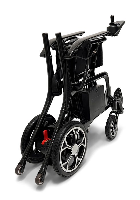 The ComfyGo Phoenix Carbon Fiber Electric Wheelchair is sleek and foldable, with large rear wheels, smaller front ones, a user-friendly control panel on the right armrest, and a sturdy front footrest. It showcases its compact folded form.