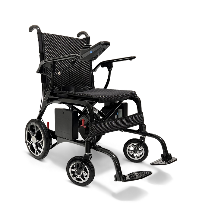 The ComfyGo Phoenix Carbon Fiber Electric Wheelchair is a sleek, lightweight, and versatile design. It features large rear wheels, smaller front ones, a right armrest joystick control, cushioned seat, and footrests.